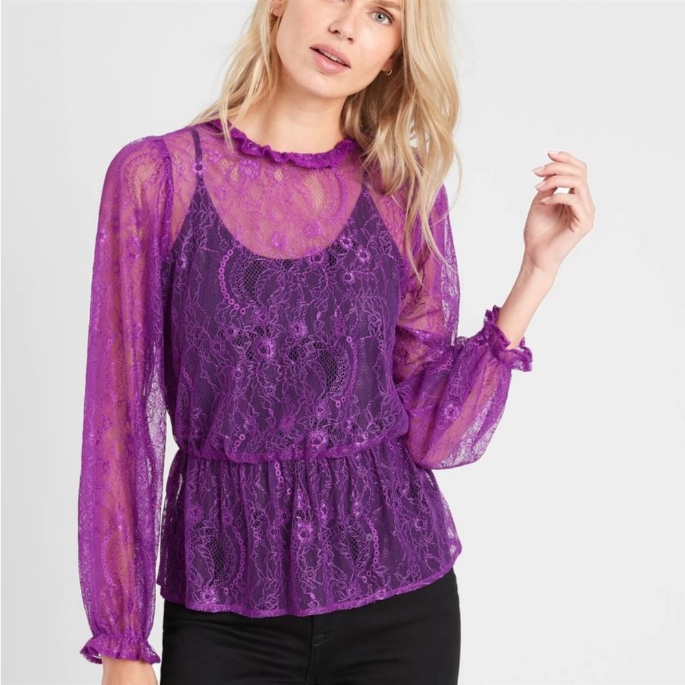 Banana Republic Factory Purple Lace Peplum Long Sleeve Blouse Size Small…